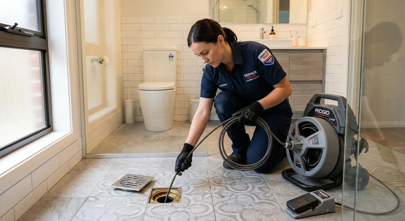 Technician clearing a bathroom floor drain for Clogged Drain Repair in Otsego